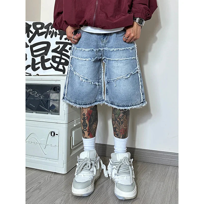 maoxiangshop American High Street Men's Wide Leg Denim Shorts Summer New Fashion Casual Baggy Short Jeans Male Chic Burrs Clothes
