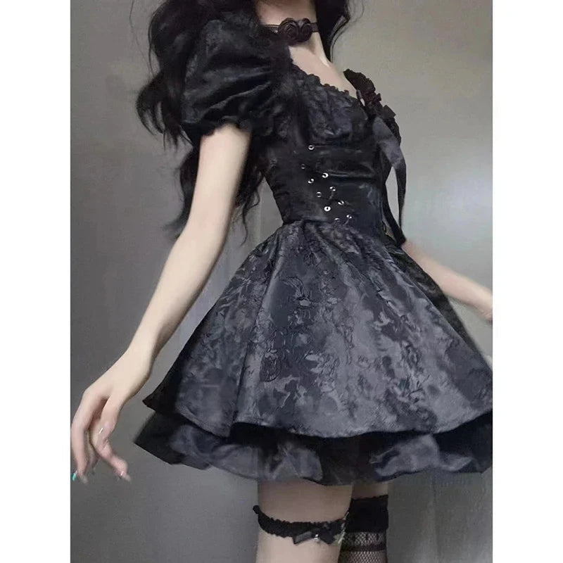 Gothic Black Mini Dress Women Vintage Sexy Spaghetti Strap High Waist Dresses 90s Egirl Punk Grunge Slim Party Club Dress Women