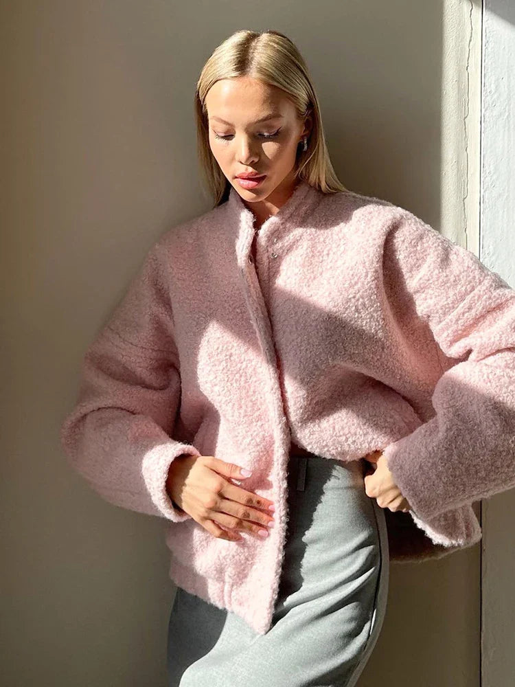 maoxiangshop - Pink Short Fur Jacket Coat For Women Autumn Winter Casual Stand Collar Pocket Loose Fashion Long Sleeve Jacket Top Female
