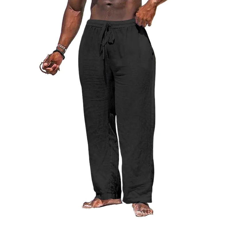 maoxiangshop Summer Cotton Pants Casual Long Fitness Breathable Pants Linen Lightweight Drawstring Yoga Beach Trousers Solid Color Mens Pants