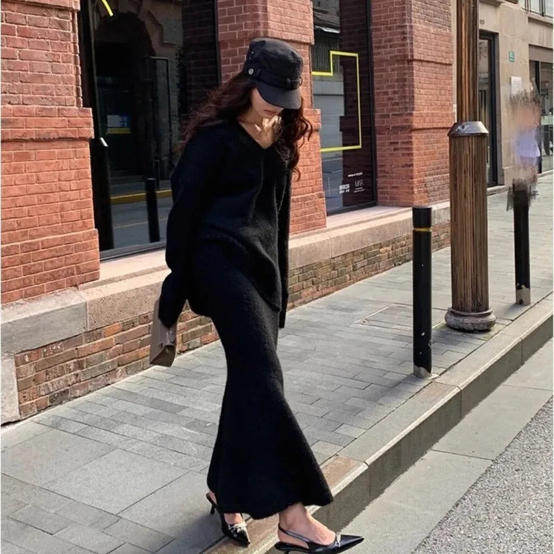 maoxiangshop - Autumn Winter Knitting Women Suit Winter Sweater Long Skirts Sets V-neck Pullover Top + High Waist Fishtail Skirt Two Piece Set