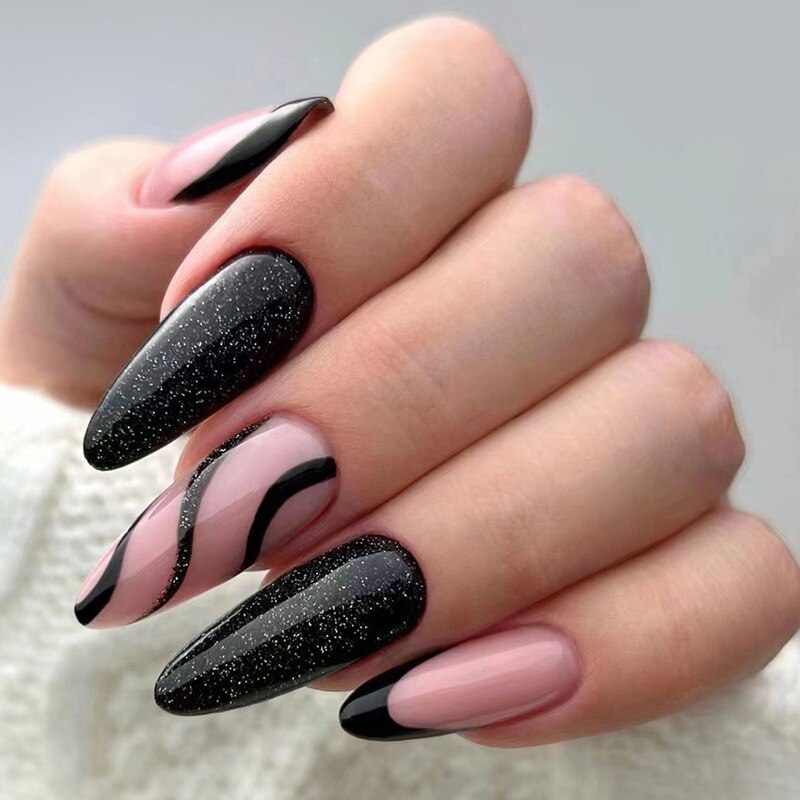 24Pcs Water-drop Almond Fake Nails Sharp Nails Set Press on Stiletto Glitter Silver False Nails Wearable Full Cover Nail Tips