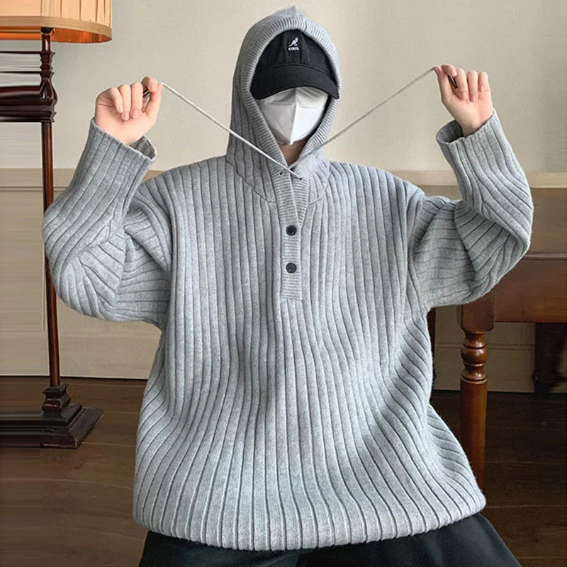 maoxiangshop Winter Clothing Men's Luxury Knitted Hooded Pullover Sweater Casual Streetwear Button-down Solid Color Long Sleeve Hoodie