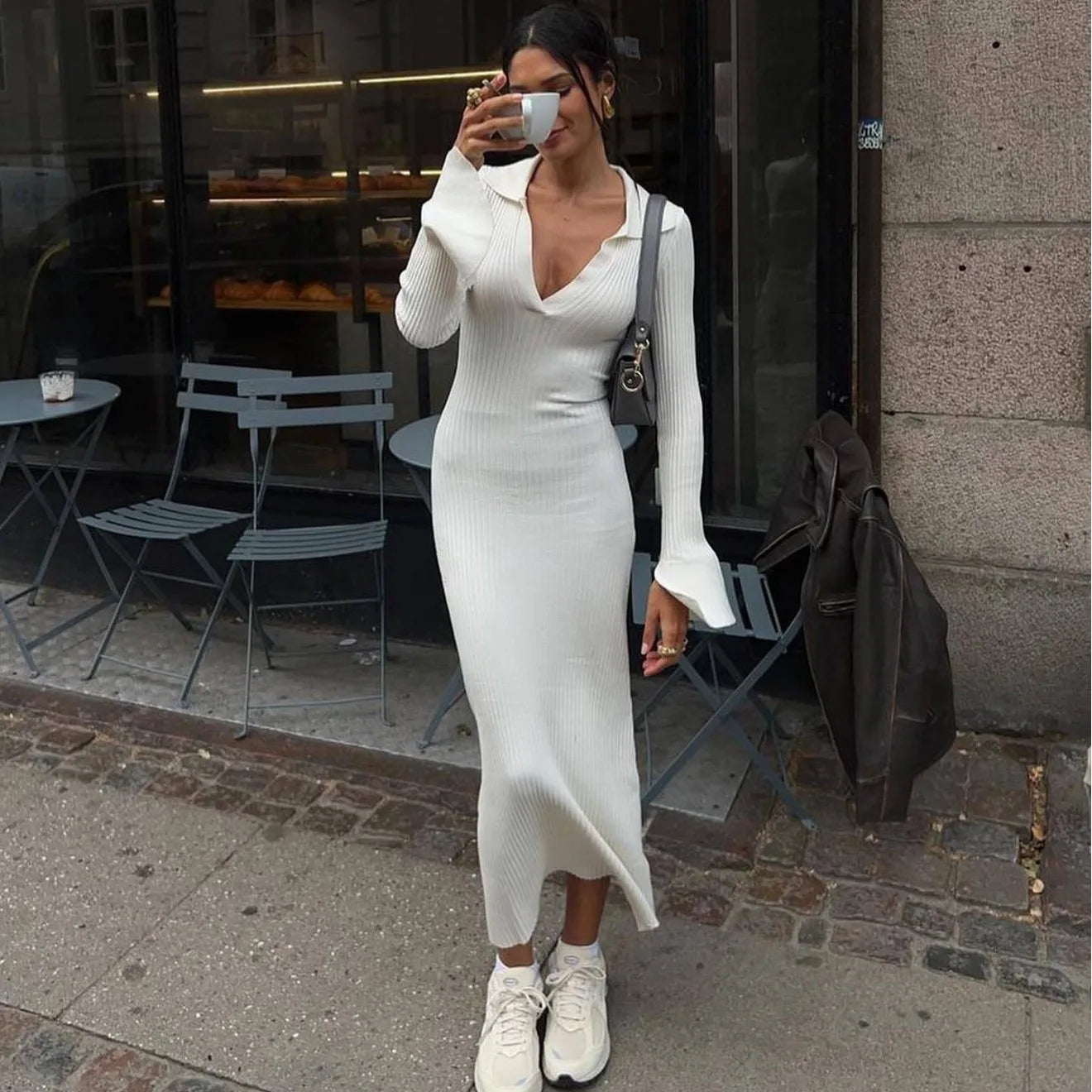 maoxiangshop - Autumn New Fashion Long Sleeve Sweater Dress Women Knitted Dress Lafy Knitted Deep V Sweater Long Black Dress Elegant Vestido