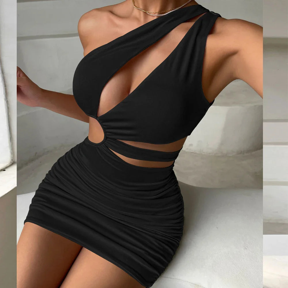 maoxiangshop Sexy Tight Evening Mini Dress Summer Hollow Out Wrap Around Dress One Shoulder Bodycon White Dresses For Women