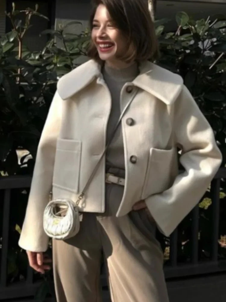 maoxiangshop - 2024 Warm Lapel Long Sleeved With Pocket Crop Jacket Women's Single Breasted Casual Coat Autumn Winter Ladies Street Outerwear