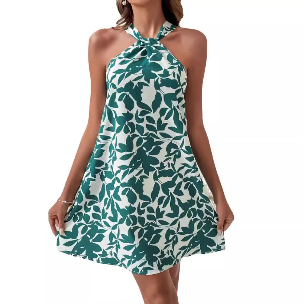 maoxiangshop 2024 Summer Women's Dress SKinny Sexy Backless SLeeveless ruffled hanging dress floral prints Button Embellished Female Vestidos