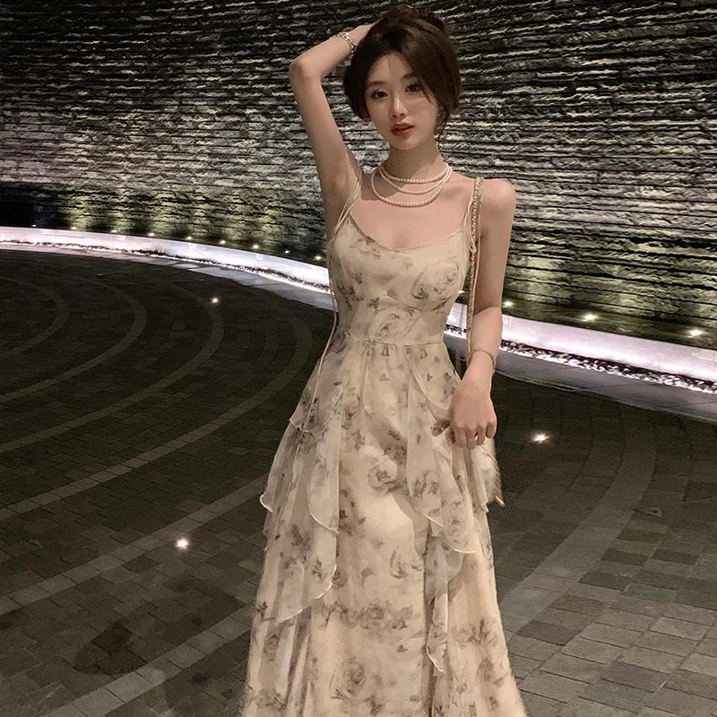 maoxiangshop Vintage Shivering Print Dress for Women Sling Sleeveless Slim Flounce Chiffon Casual Korean Long Dresses Female Clothing Summer