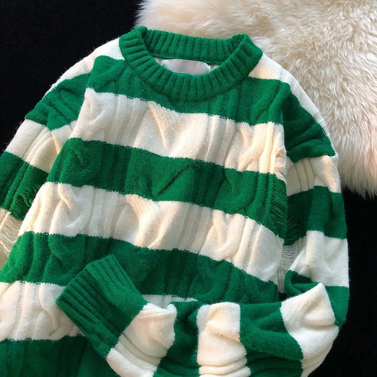 maoxiangshop Striped Retro Couple's Sweater Men's Autumn and Winter Design Sense Niche Thread Clothing Trend Brand Ins Loose Knit Sweater
