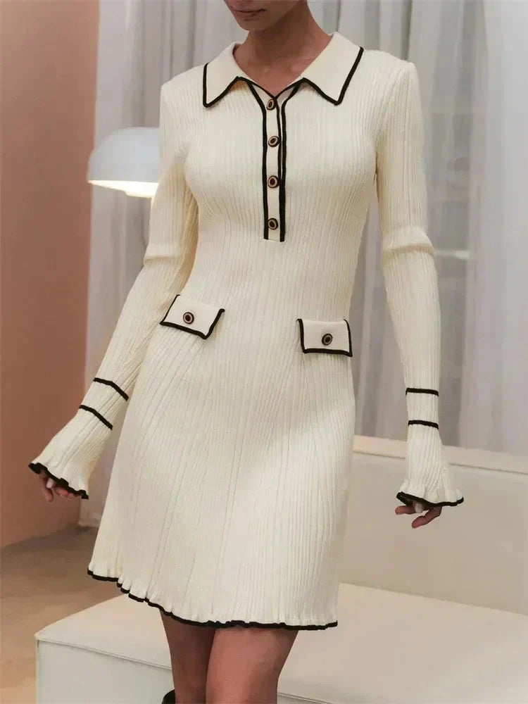 maoxiangshop - Ruffled Fashion Knit Dress Women Autumn Ribbed Contrast Long Sleeve High Waist Lapel Gown Dress Knitwear Ladies Maxi Dress