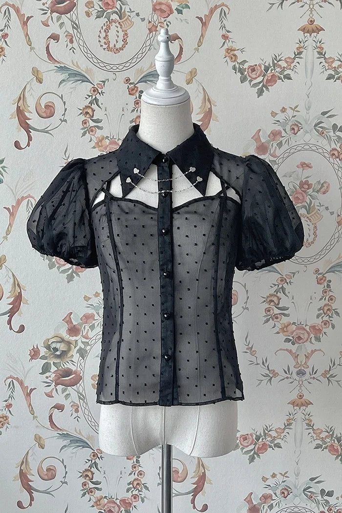 maoxiangshop - Lolita Little Babe Dark Gothic Chain Puff Sleeved Short Sleeveper Shirt By Alice Girl
