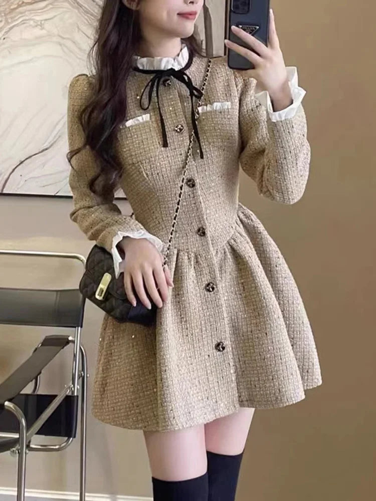 maoxiangshop Slim Waist Korean Style Women Dress New Ruffled Bow Single Breasted Fashion Female Mini Dresses Sweet Elegant Streetwear