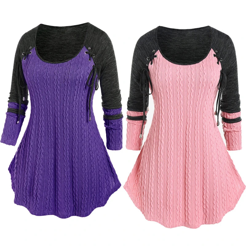 maoxiangshop Autumn Winter Women's Casual Tops Plus Size Colorblock Cable Knit Panel Lace Up Tee,Long Sleeves Casual Shirts 4XL