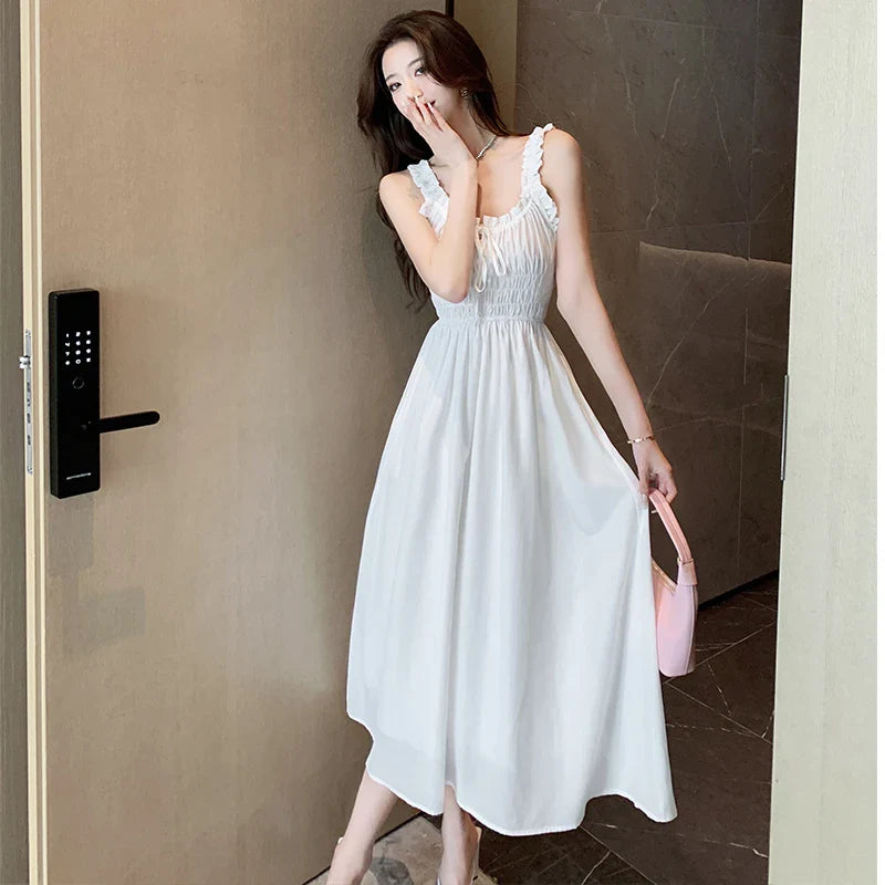 maoxiangshop French Vintage Pleats Long Dress Women Summer Korean Sleeveless Camisole Backless Beach Dress Elegant Sexy Evening Party Dresses