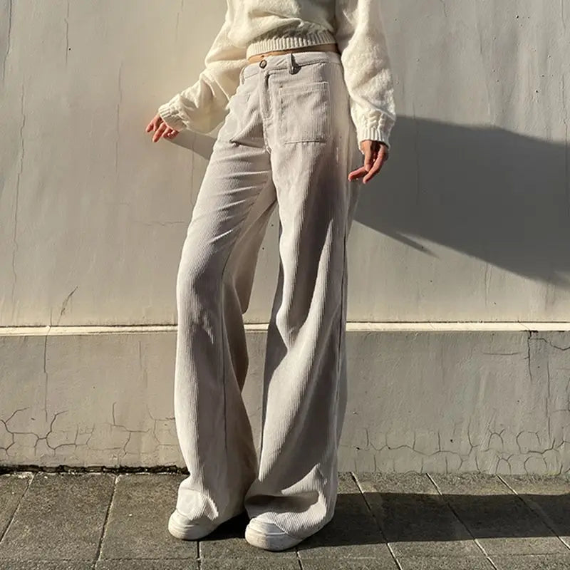 maoxiangshop - Autumn Baggy Corduroy Pants Woman Korean Fashion Office Lady Basic Casual Wide Leg Trousers Winter New Pantalones