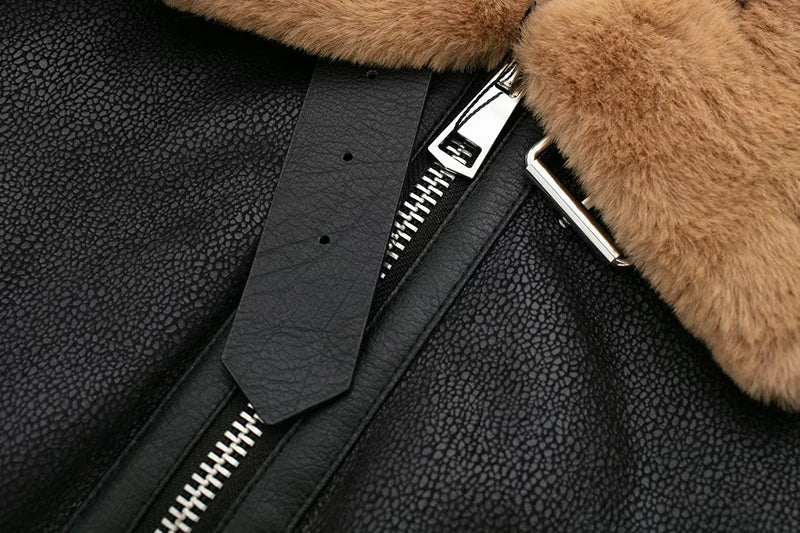maoxiangshop - Loose Moto Biker Winter Shearling Sheepskin Leather Jackets Streetwear Thicken Parka Faux Leather Lamb Fur Outwear