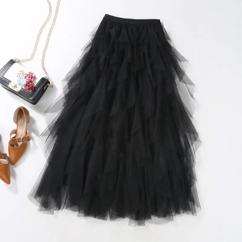 maoxiangshop Tutu Tulle Midi Skirt Women Elegant Fashion High Waist Irregular Pleated Mesh Long Skirt Spring Summer Party Female