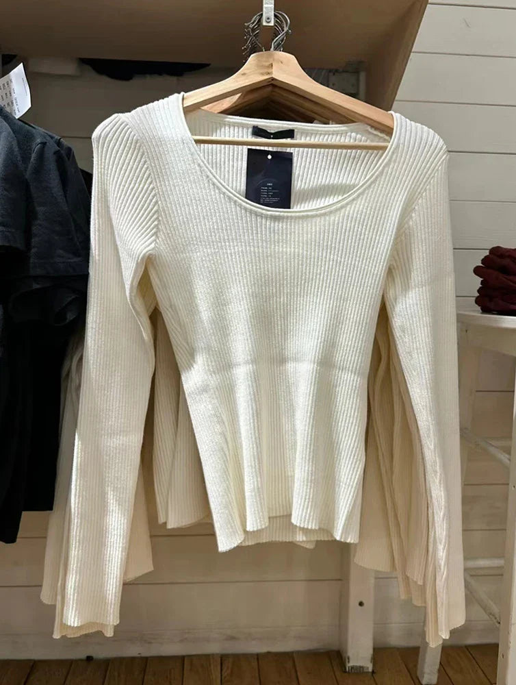 Basic Ribbed Crop Top for Women Solid Sexy U Neck Slim Cotton Long Sleeve Pullover Female Autumn Sweet Knitted Sweater Tops
