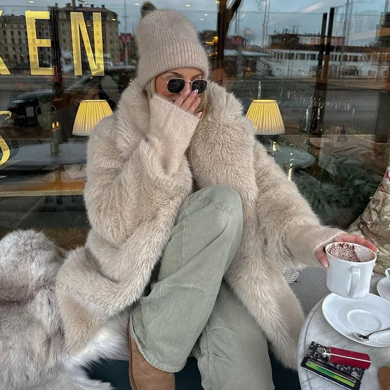 maoxiangshop - Lapels Faux Fur Coat Women 2024 Winter Brand Designer Fluffy Fox Fur Jacket Luxury Furry Overcoats Girl Stylish Long Outerwear