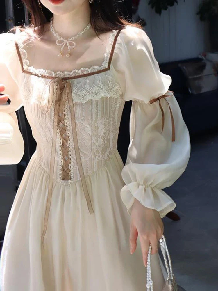 maoxiangshop - Autumn Long Sleeve Elegant Lace Dress Woman French Style Fashion Midi Dress Casual Party Slim One Piece Dress Korean Chic
