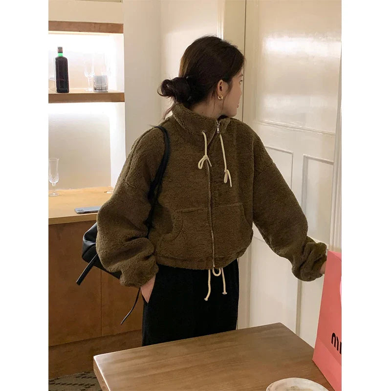 maoxiangshop - Cropped Lamb Wool Coat Women Streetwear Stand Zipper Short Jacket Winter Korean Solid Simple Warm Casual All Match Outerwear New
