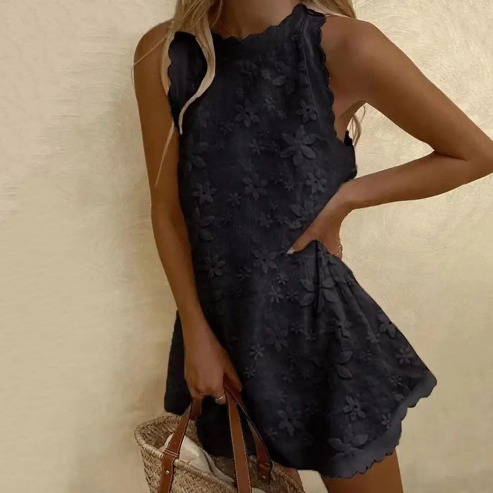 maoxiangshop Women Summer Dress Floral Embroidery Off Shoulder Lady Dress Solid Color O Neck Sleeveless Dress Big Hem Ruffle Female Dress