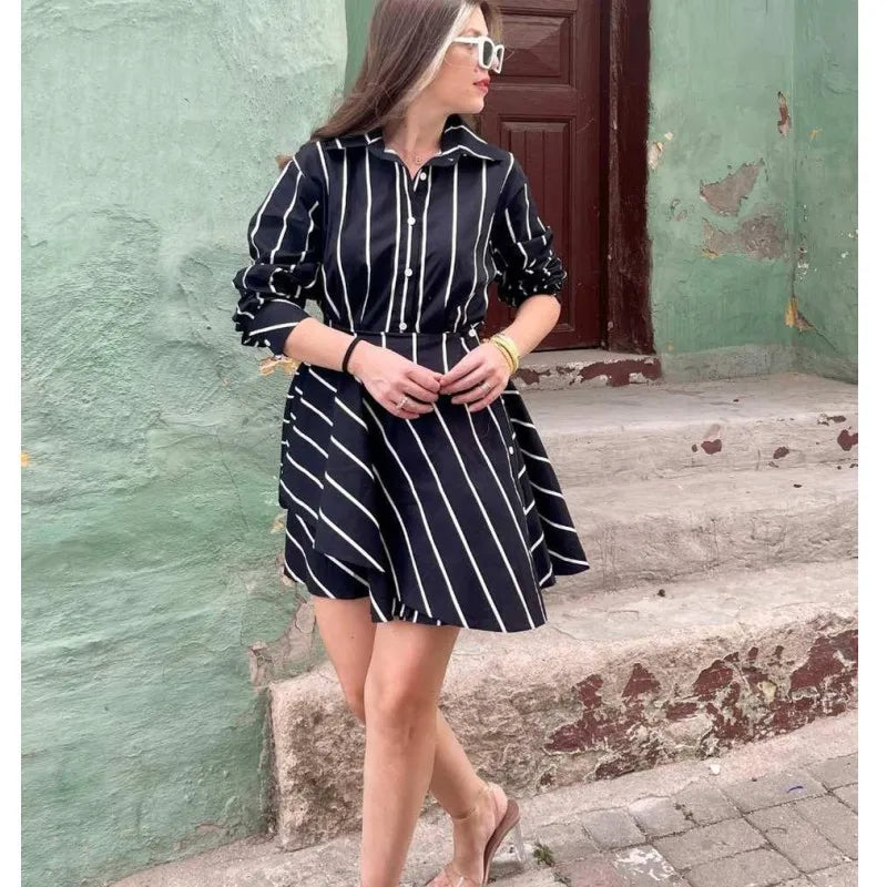 maoxiangshop - Women Mini Shirt Dress Autumn New Single Breasted Dress Female Vintage Striped Long Sleeve Dress Lady Casual Slim Dresses