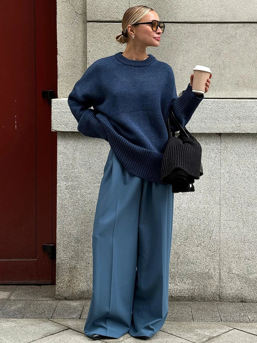 maoxiangshop - Gray Warm Knitted Sweater Women Long Sleeves Casual Round Neck Solid Pullover Tops Autumn Winter Office Lady Sweater