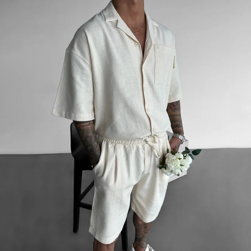 maoxiangshop Streetwear Vintage Mens Shirts Two Piece Outfits Fashion Solid Color Suits Loose Pocket Short Sleeve Shirt And Shorts Men Sets