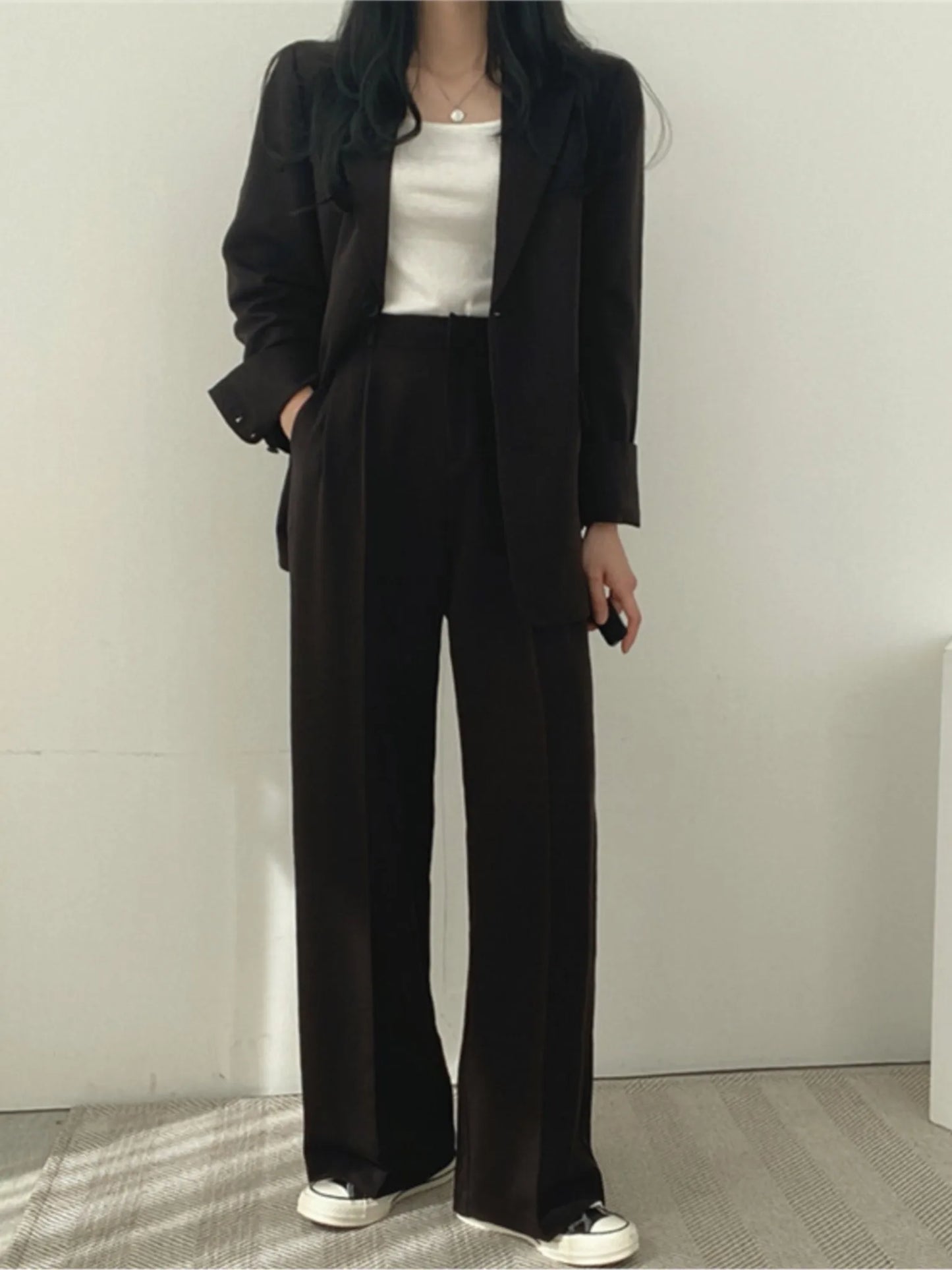 Korean Office Lady Fashion Blazer Suit Women's Two-Piece Set Casual Button Jacket Wide Leg Pants Outfits Work Clothes Autumn New