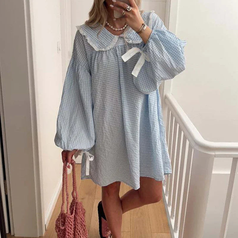 maoxiangshop - Sweet Stitching Plaid Party French Dress 2024 Autumn Long Sleeve Lapel Collar Mini Dress Women Elegant Swing High Street Dress
