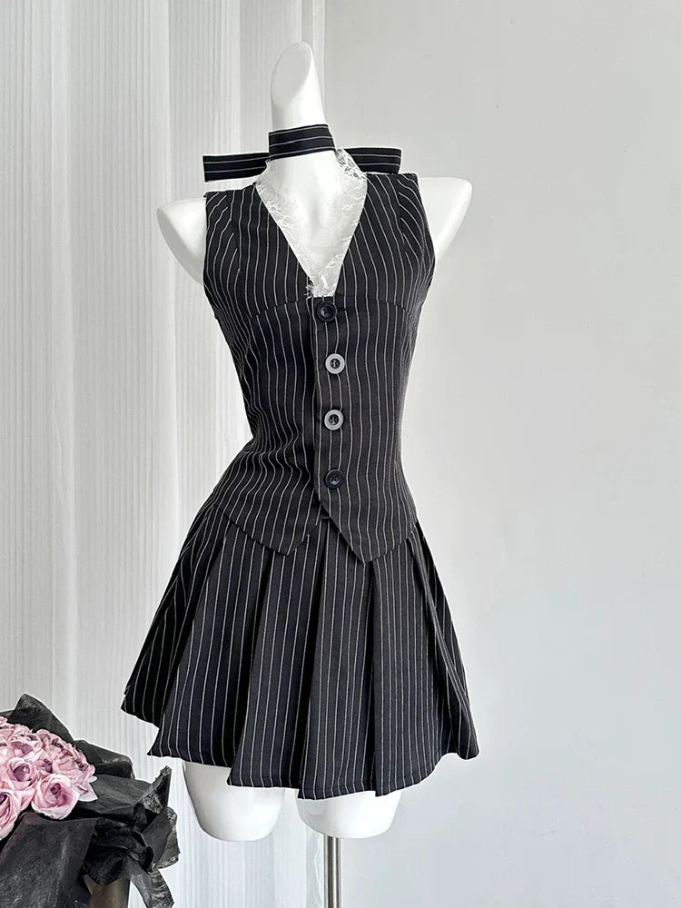maoxiangshop - Women Old Money 2000s Aesthetic Cutecore Y2k Korean Fashion Outfits 2 Piece Set Striped Lace Vest + Hot Mini Pleated Skirts