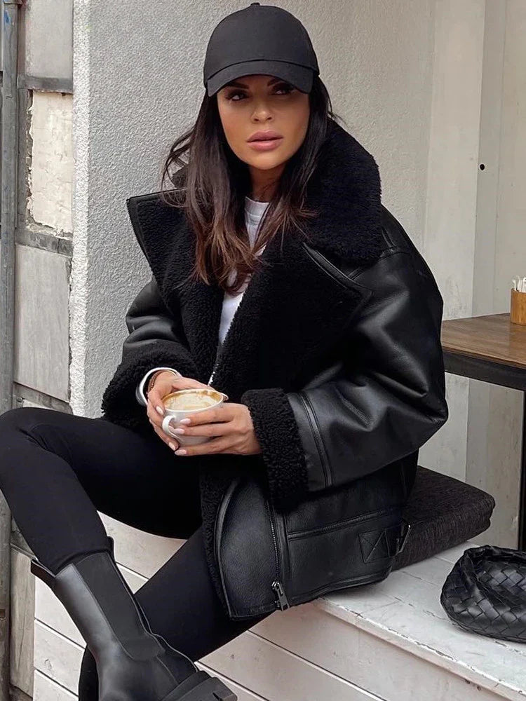 maoxiangshop - Autumn Winter Women Warm Black Zipper Faux Leather Jacket Coat Loose Turn Down Collar Thickness Overcoat Female Outwear