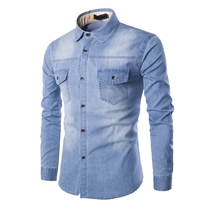 maoxiangshop Fashion Mens Denim Shirt Long Sleeve Plus Size Cotton Jeans Cardigan Casual Slim Fit Shirts Men Two-pocket Tops Clothing M-6XL