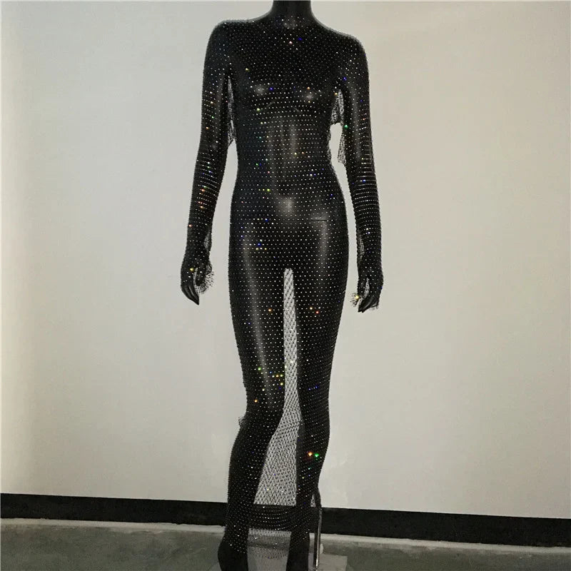 maoxiangshop-Y2K Sexy Shiny Rhinestones Grid Fishnet Dress Long Sleeve Hollow Out Side Slit Dress Beach Cover Up Breathable Lady Vestidos