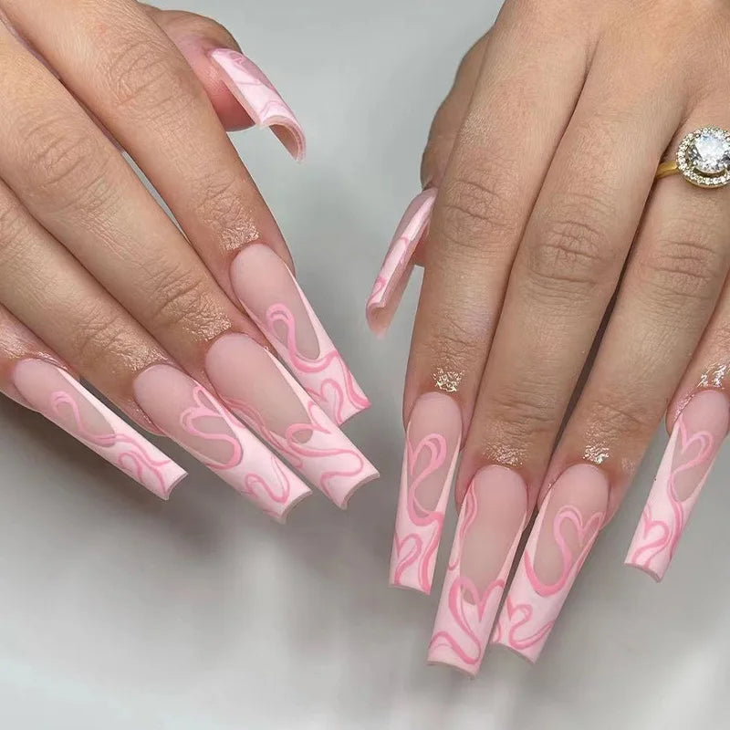 maoxiangshop 24pcs Long Coffin Purple False Nails Ballet Simple Glitter with Glue French Design Wearable Fake Nails Artificial Nail Tips