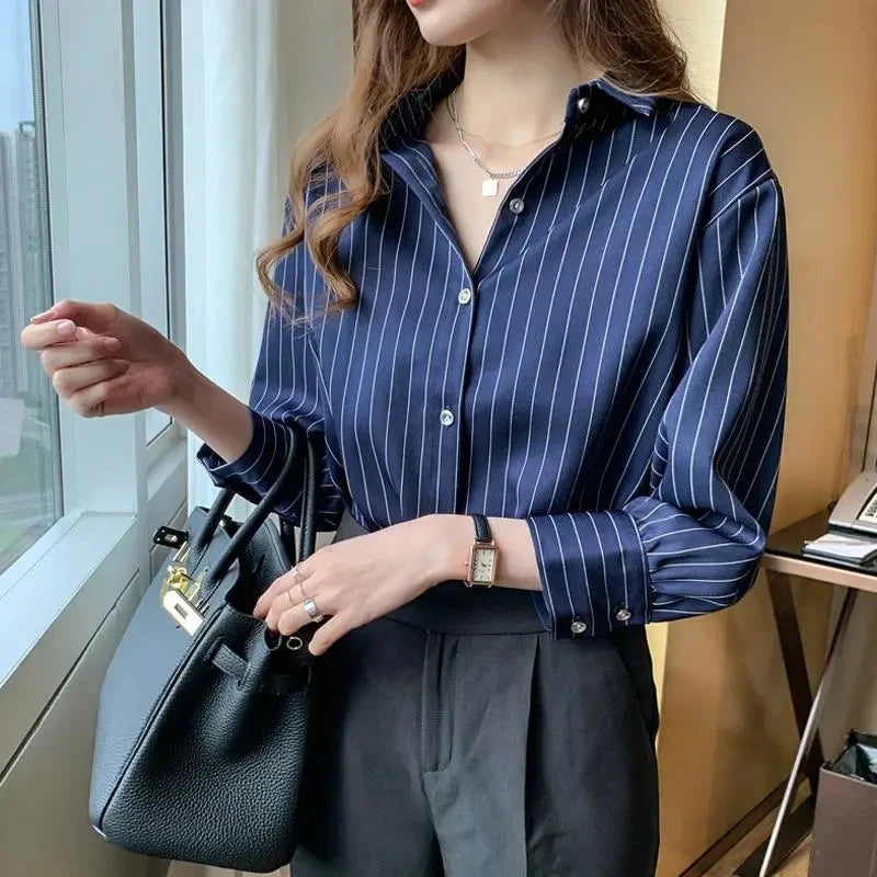 maoxiangshop Classic Striped Shirts Women Spring Autumn Polo-neck Single-breasted Long Sleeve Cardigan Blouse Fashion Office Shirt Top Women
