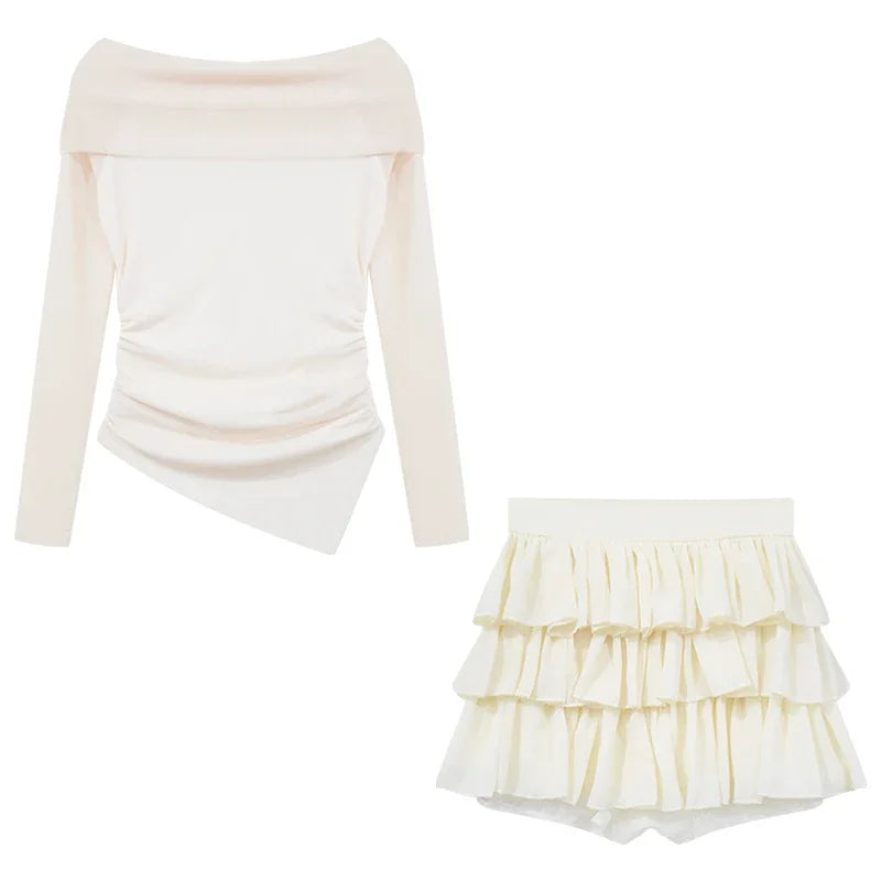 maoxiangshop-Spring Two Pieces Skirt Set Women Y2k Crop Tops T-shirt + Cake Skirts Japanese Kawaii Fashion Suits Chic Outwear Korean