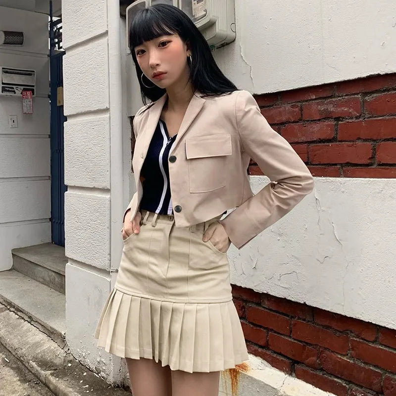 maoxiangshop - Harajuku Women High Waist Solid Color Tennis Skirt Summer Sweet Cute Kawaii Khaki Skirts Casual Pleated Mini Female Skirt