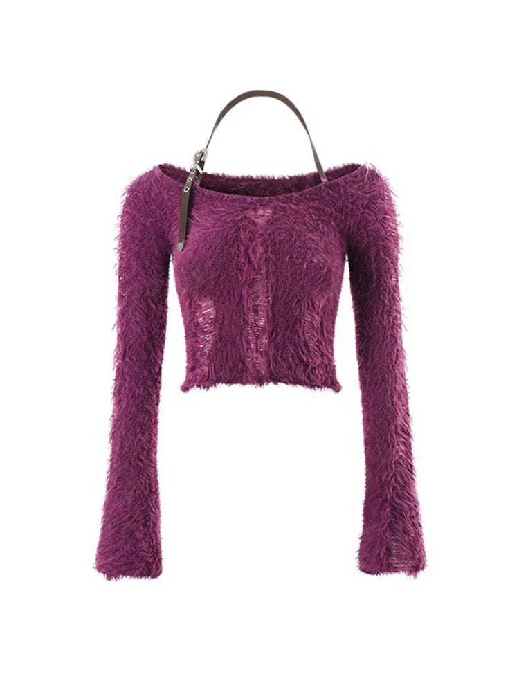 maoxiangshop1 Fall Woman 2000s Gyaru Coquette Halter Crop Top Pullovers Slash Neck Jumper Fluffy Sweater Design Knitwears Y2K Hot Sexy Kawaii