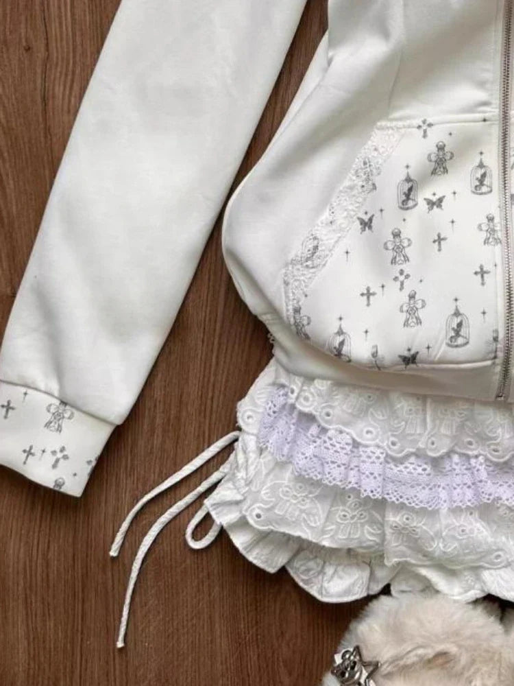 maoxiangshop - Korean Cute 2 Pieces Set Y2K Aesthetic Cartoon Patchwork Lace Rabbit Ears Hoodies + Bandage Lace Mini Cake Skirts Fairy Outfits