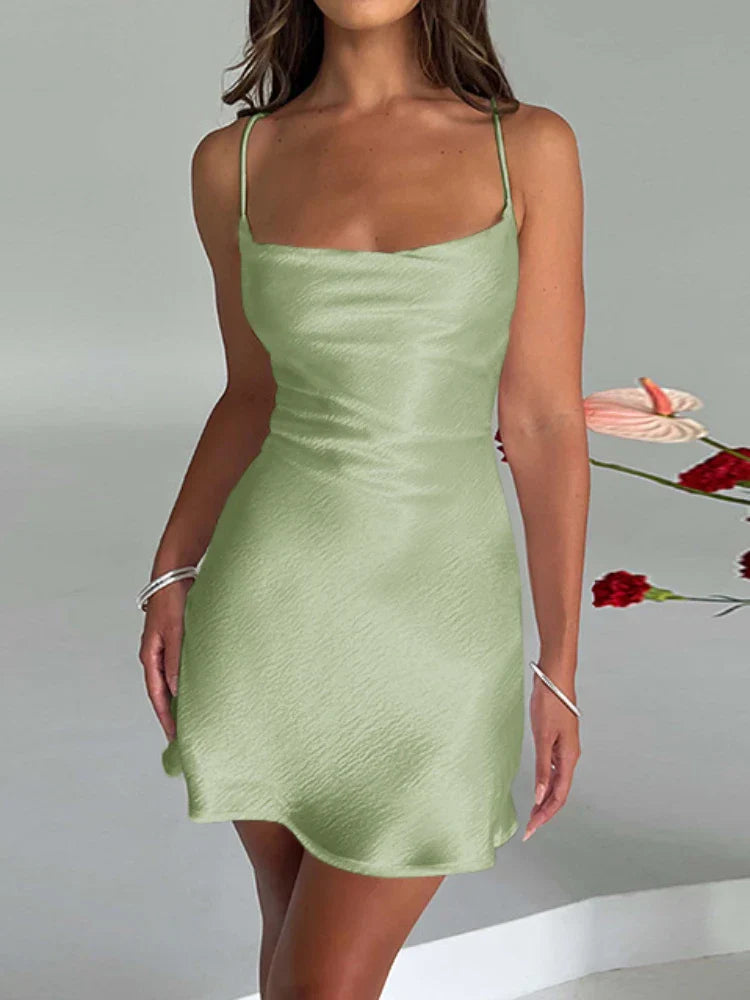 maoxiangshop-Women's Satin Cowl Neck Sleeveless Spaghetti Strap Cami Mini Dress Criss Cross Backless Cocktail Party Short Dresses