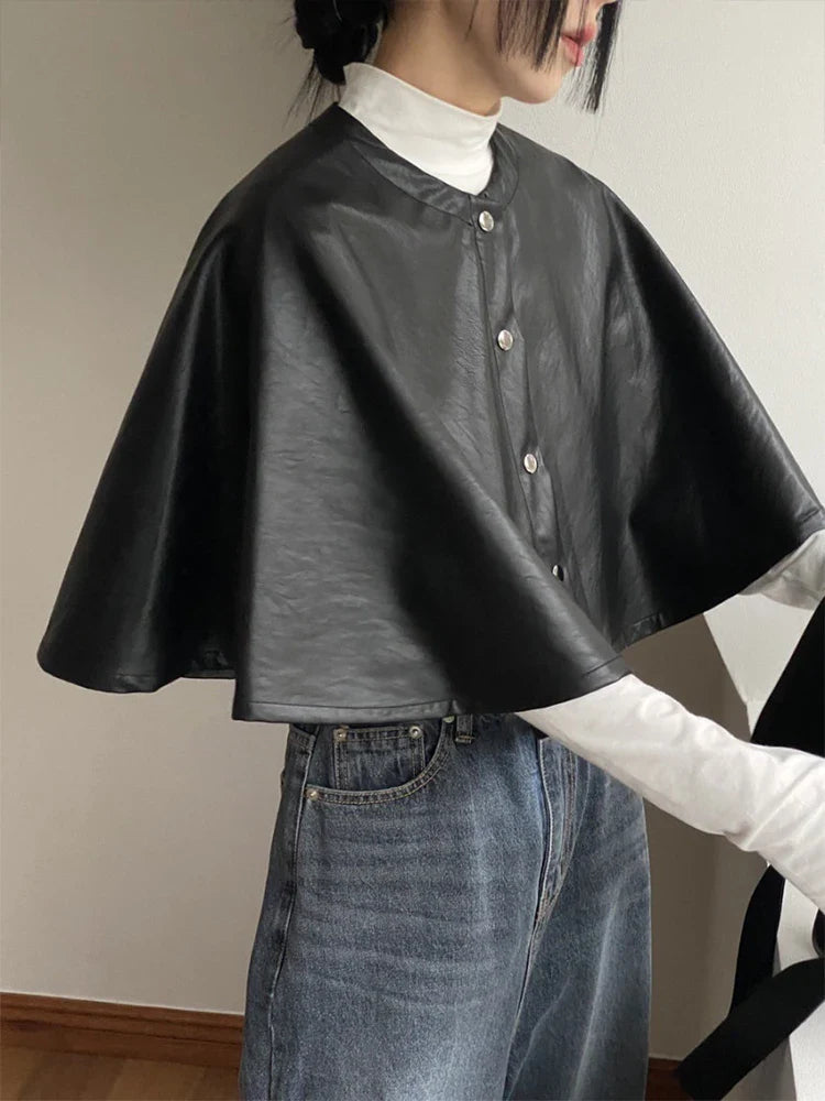 maoxiangshop - Solid Color Leather Women's Cloak Shawl Fashion Round Neck Single Breasted Short Tops Autumn Casual Loose Retro Women Jacket