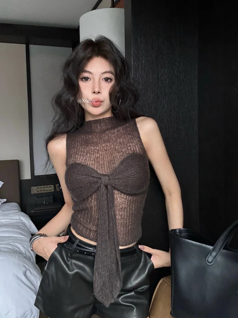 maoxiangshop - Y2k Sweater Vest with Bow Half High Collar Jumpers Sexy Slim Sleeveless Knitted Underwear Korean Fashion Autumn Winter