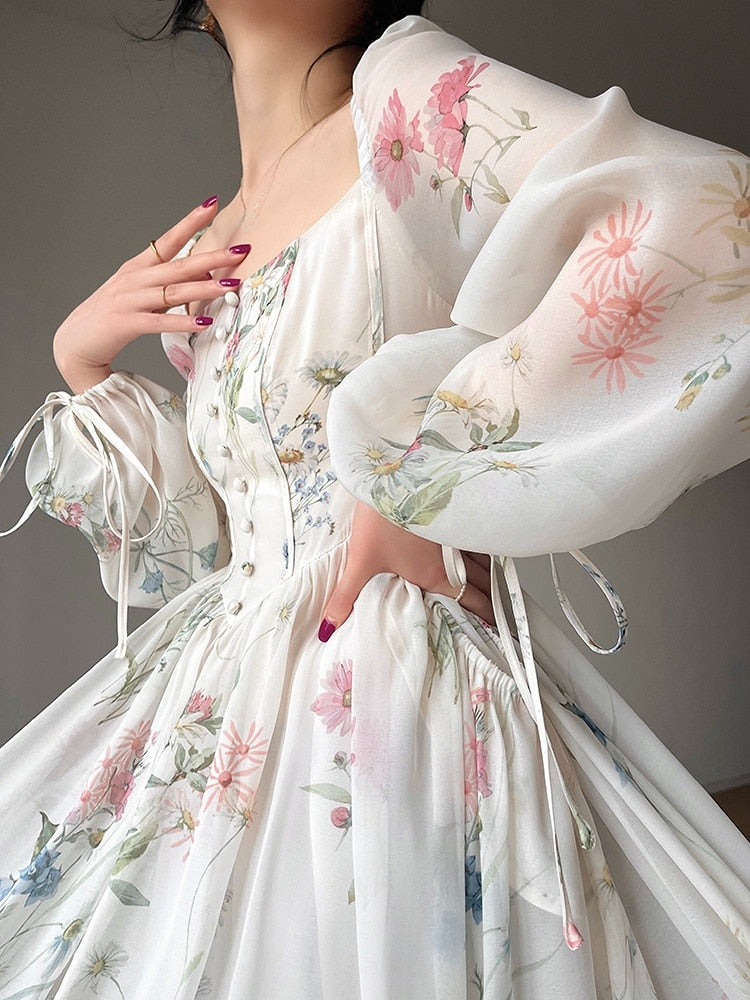 maoxiangshop French Elegant Floral Midi Dress Chiffon Long Sleeve Evening Party Dress Woman Beach Fairy One Piece Dress Korean Summer