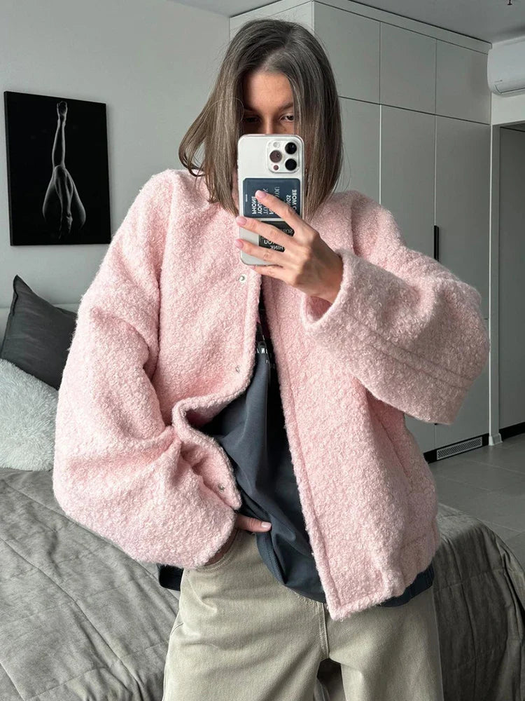 maoxiangshop - Pink Short Fur Jacket Coat For Women Autumn Winter Casual Stand Collar Pocket Loose Fashion Long Sleeve Jacket Top Female