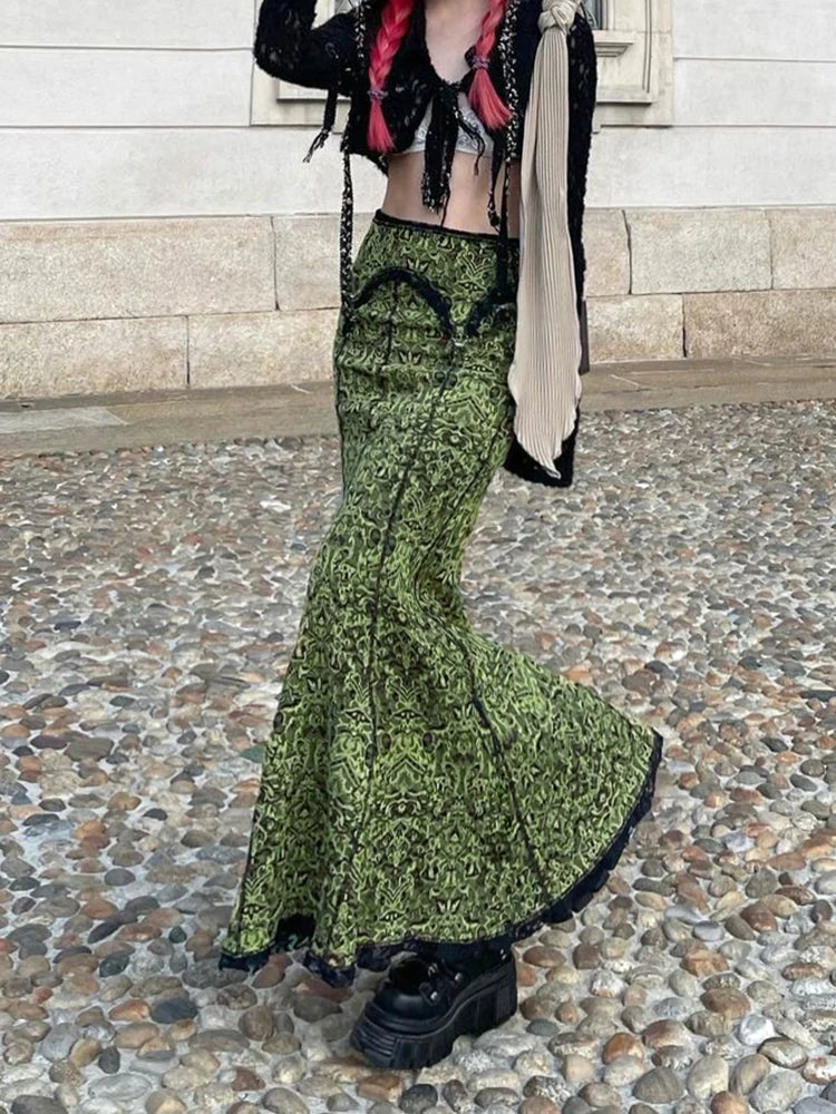maoxiangshop Vintage Fashion Elegant Green Trumpet Long Skirt Graphic Printed Lace Trim Y2K High Waist Skirt Women 2000s Aesthetic