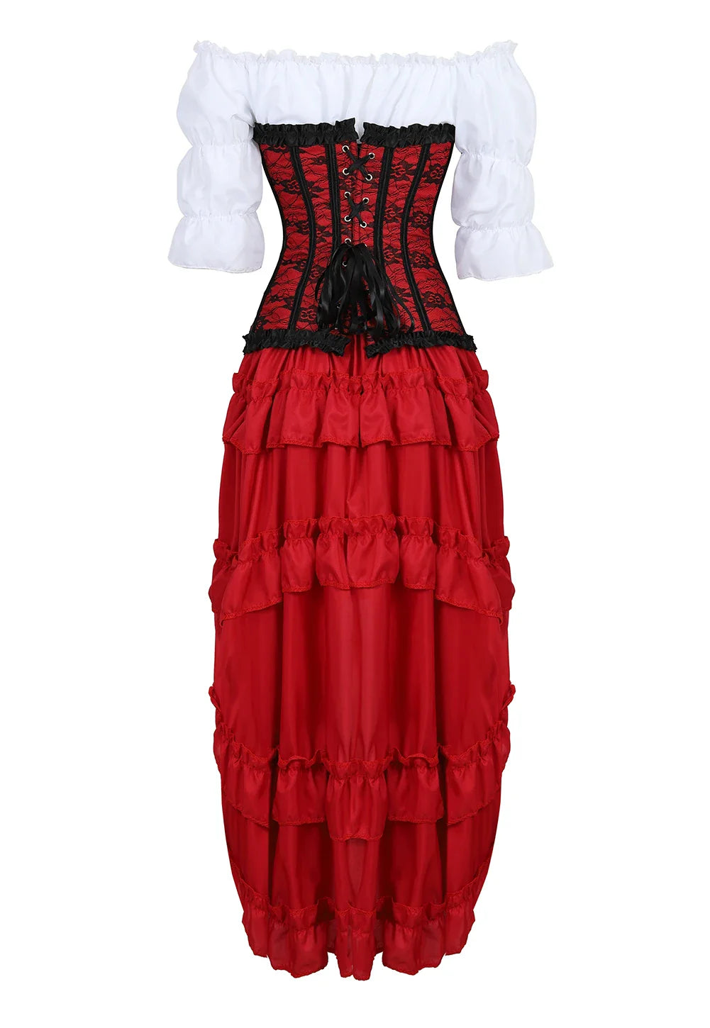 maoxiangshop - Corset 3 Piece Outfits for Women Steampunk Renaissance White Blouse Set Carnival Party Lace Up Boned Bustiers with Pirate Skirt