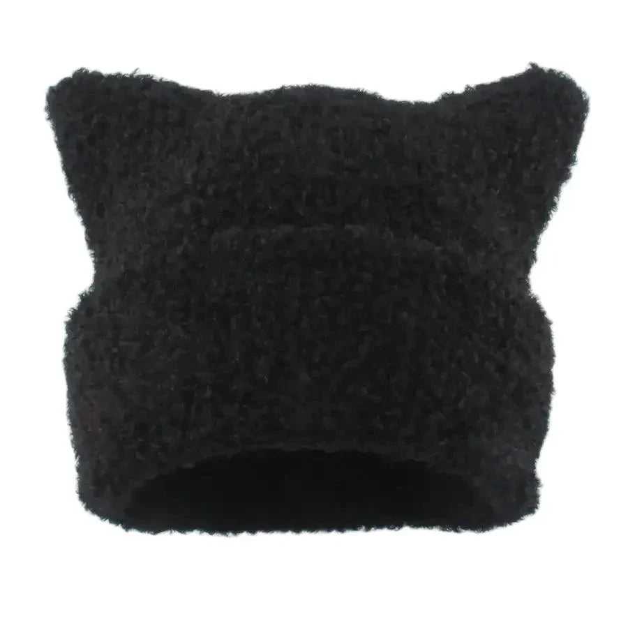 maoxiangshop Winter Lambswool Hats For Women Cute Cat Ears Beanie Soft Warm Knitting Cap Cuffed Skullies Fashion Street Hip Hop Hat