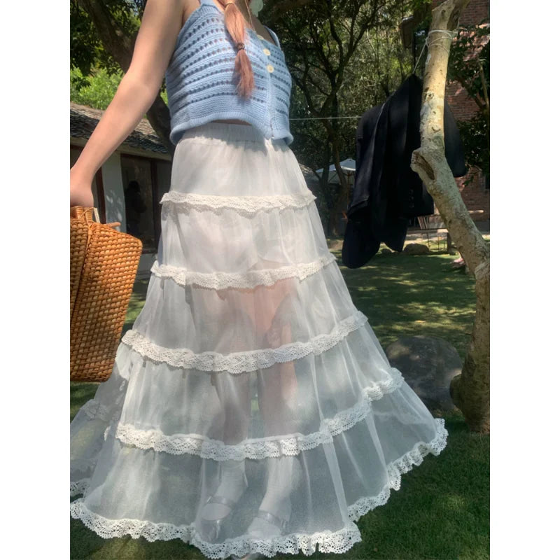 maoxiangshop Maxi Long Tulle White Mesh Skirts for Women Gothic Pleated Skirt Casual Fairycore Summer Jupe Longue Falda Mujer
